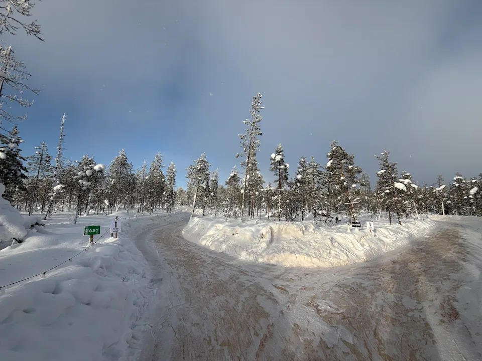 The beautiful natural forest rink at Lovimainas Forest Ice Skating. Easy course loops to the left, more challenging course loops to the right.